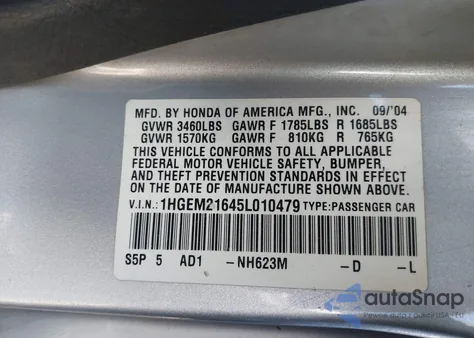 2005 Honda Civic Lx from USA, damaged, VIN 1HGEM21645L010479